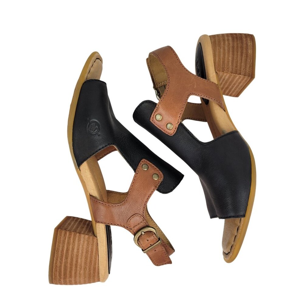 Born Black & Brown Leather Open-Toe Block Heel Sandals 7M - Picture 9 of 12